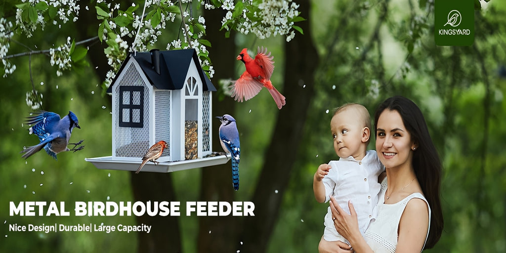 Outdoor Bird Feeder House with Triple Feeding Areas, Metal Mesh Wild Bird Seed Feeder for Finches, Cardinals and Chickadees, Five Color Options