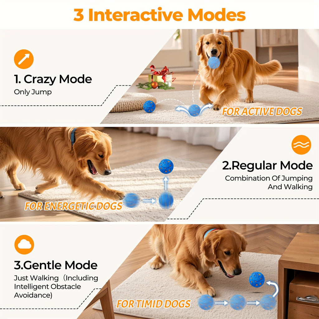 Rechargeable Bouncing Dog Ball with 3 Interactive Modes and Obstacle Avoidance, Orange Soft-Surface Moving Chase Toy for Medium and Large Dogs