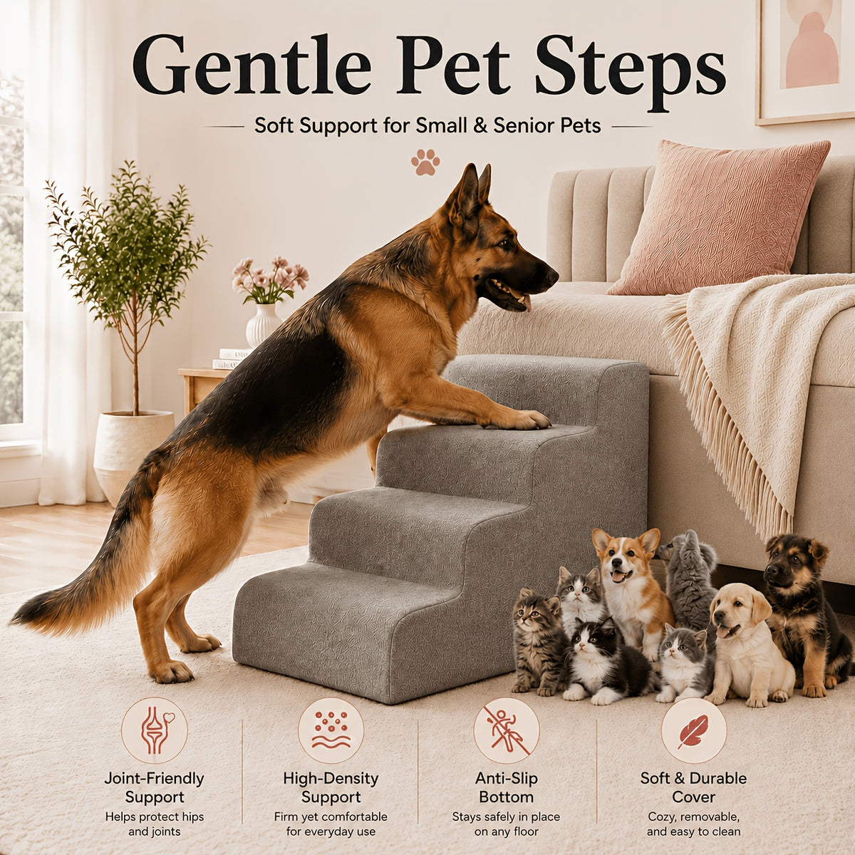 Dog Stairs for Bed with Dutch Velvet, Non-Slip Pet Steps for Small and Senior Dogs, 2/3/4-Step Options for Sofa and Couch, Gray or Pink
