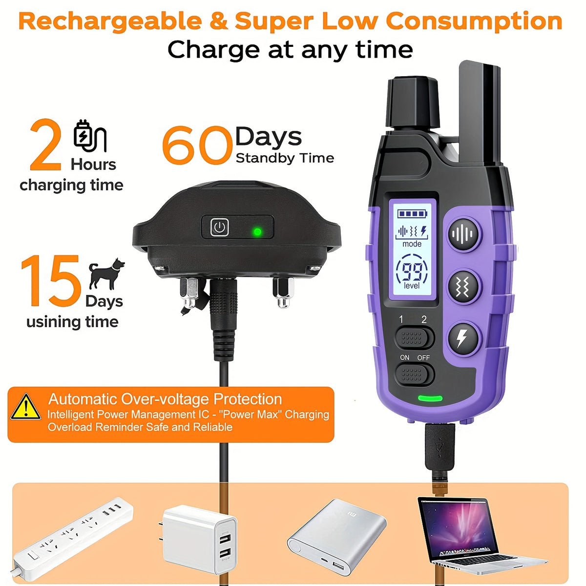 Dog Training Collars for 2 Dogs with Remote, Purple Rechargeable E Collar Set with Adjustable Nylon Straps, Beep, Vibration and Static Modes