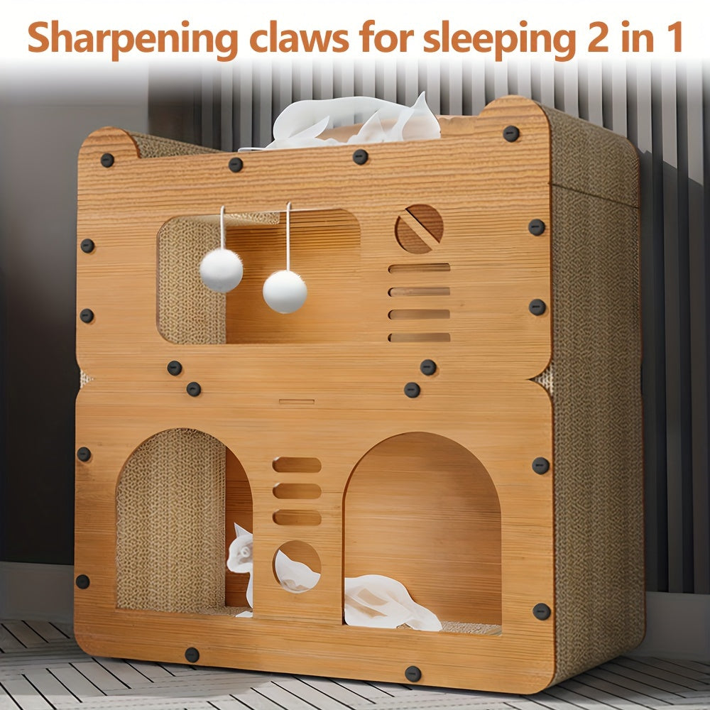 Three-Level Cat House with Dual Scratching Boards, Plush Balls and Ventilation Doors, Multi-Feature Cat Condo for Resting, Scratching and Play
