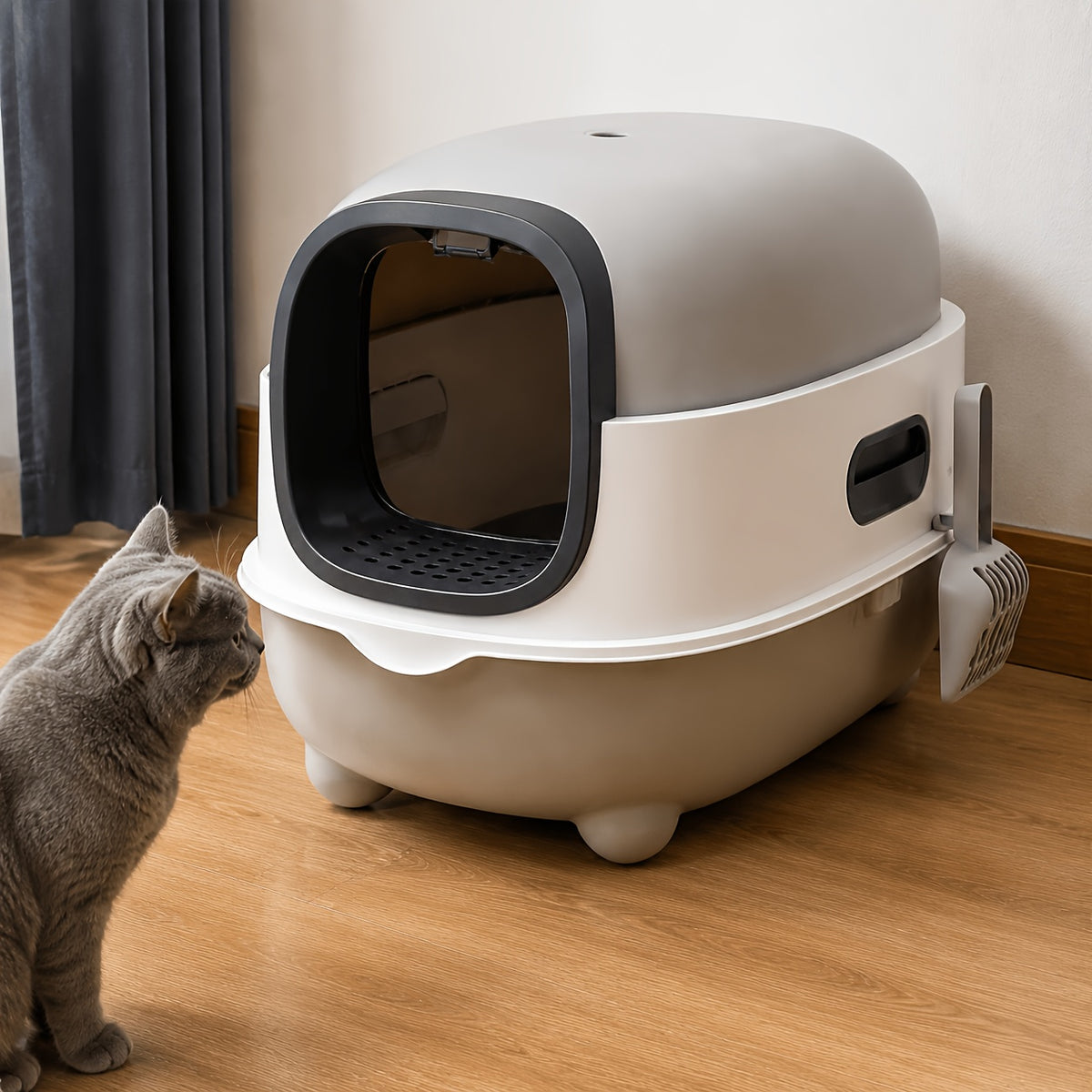 Hooded Cat Litter Box with Scoop, Fully Covered Spill-Reducing Indoor Kitty Toilet for Easy Daily Cleaning and Setup, Purple or Blue