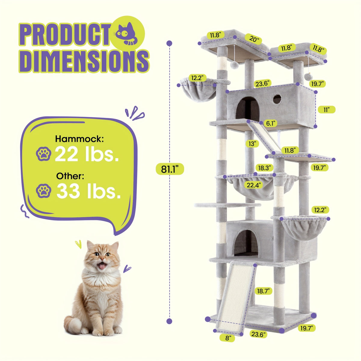 Multi-Size Cat Tree Tower for Indoor Cats, 36 65 68 or 81 Inch Multi-Level Pet Furniture with Sisal Scratching Posts and Plush Resting Areas