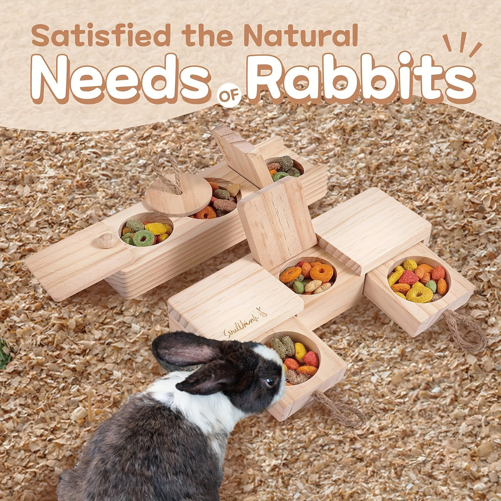 Rabbit Enrichment Toys, 2 Sets of Wooden Treat Foraging Puzzles for Bunnies with Sniff, Slide, Pull and Flip Activities for Supervised Play