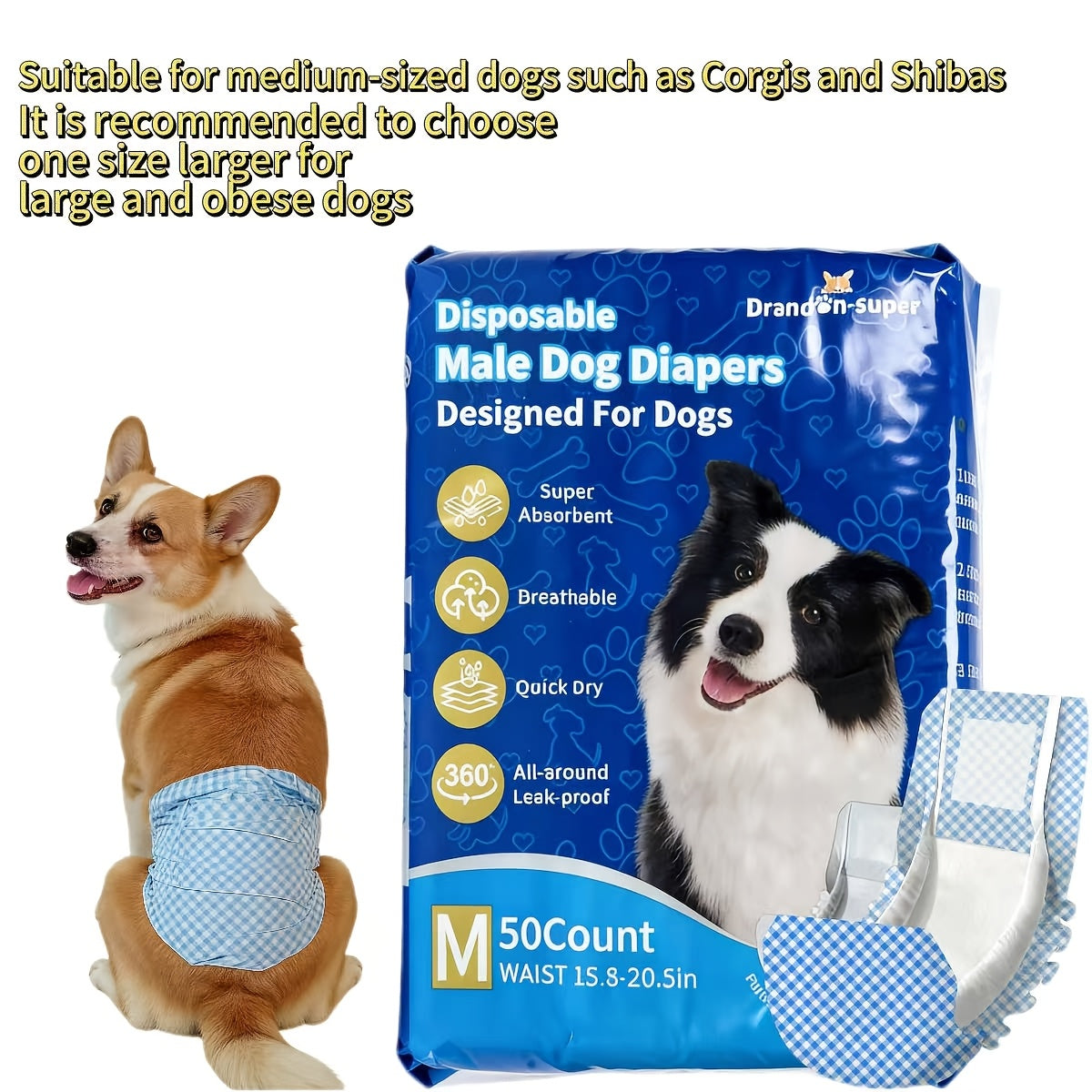 Absorbent Disposable Dog Diapers 50 Pack, Male and Female Style Options in XS to L for Puppies, Senior Dogs and Everyday Accident Care