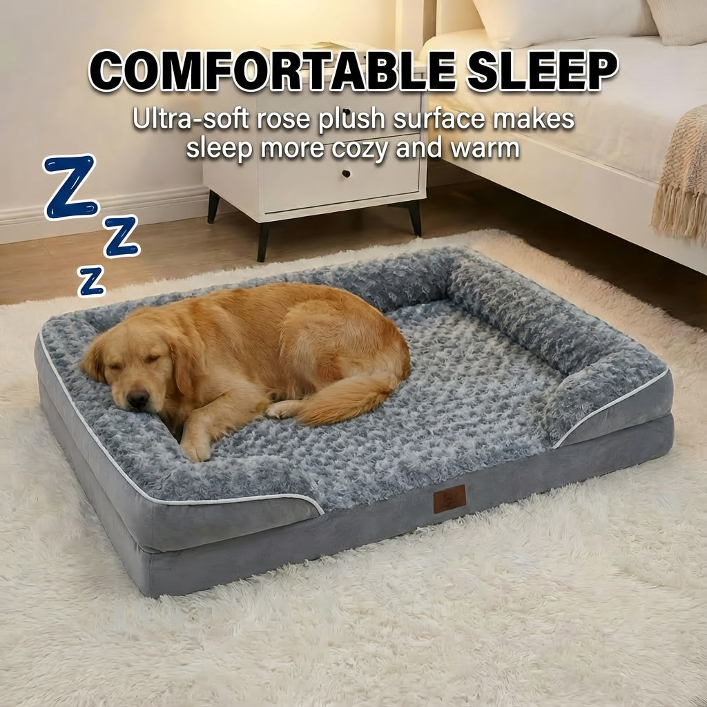 Extra Large Dog Sofa Bed with C-Shaped Bolsters, Removable Washable Plush Cover and Non-Skid Bottom, Grey Pet Couch with 20 to 71 Inch Size Options
