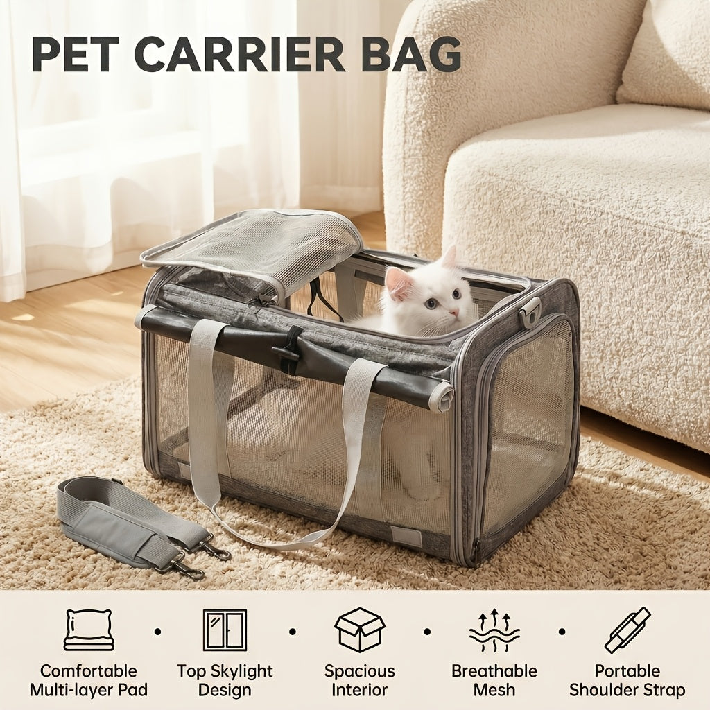 Soft Sided Pet Carrier for Cats and Small Dogs, Medium Grey Foldable Travel Bag with Breathable Design, Privacy Features and Zipper Closure