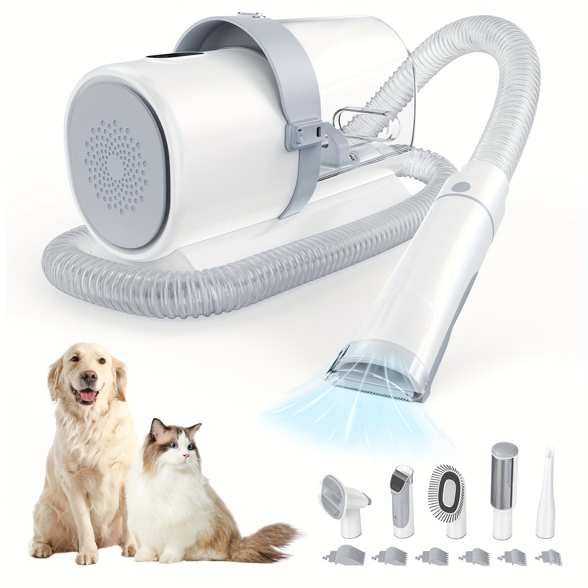 Pet Hair Grooming Vacuum Kit, 5-in-1 Dog and Cat Clippers with 6 Guide Combs, Adjustable Suction and Brushes for At-Home Coat Care