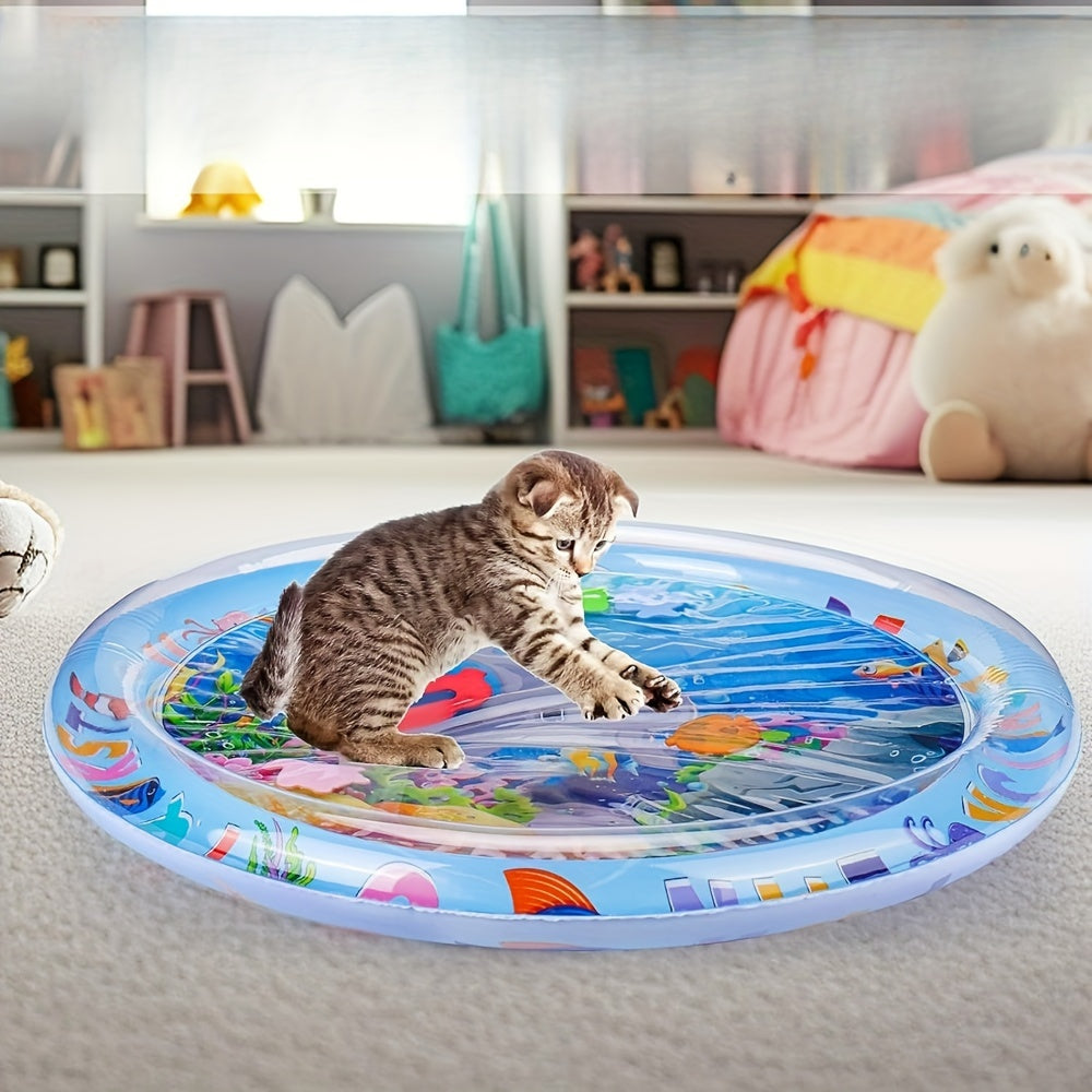 Round Pet Cooling Mat with Water-Fill Center, Blue Ocean Animal Print Pad with Inflatable Rim for Cats and Small Dogs, Indoor and Shaded Patio Use