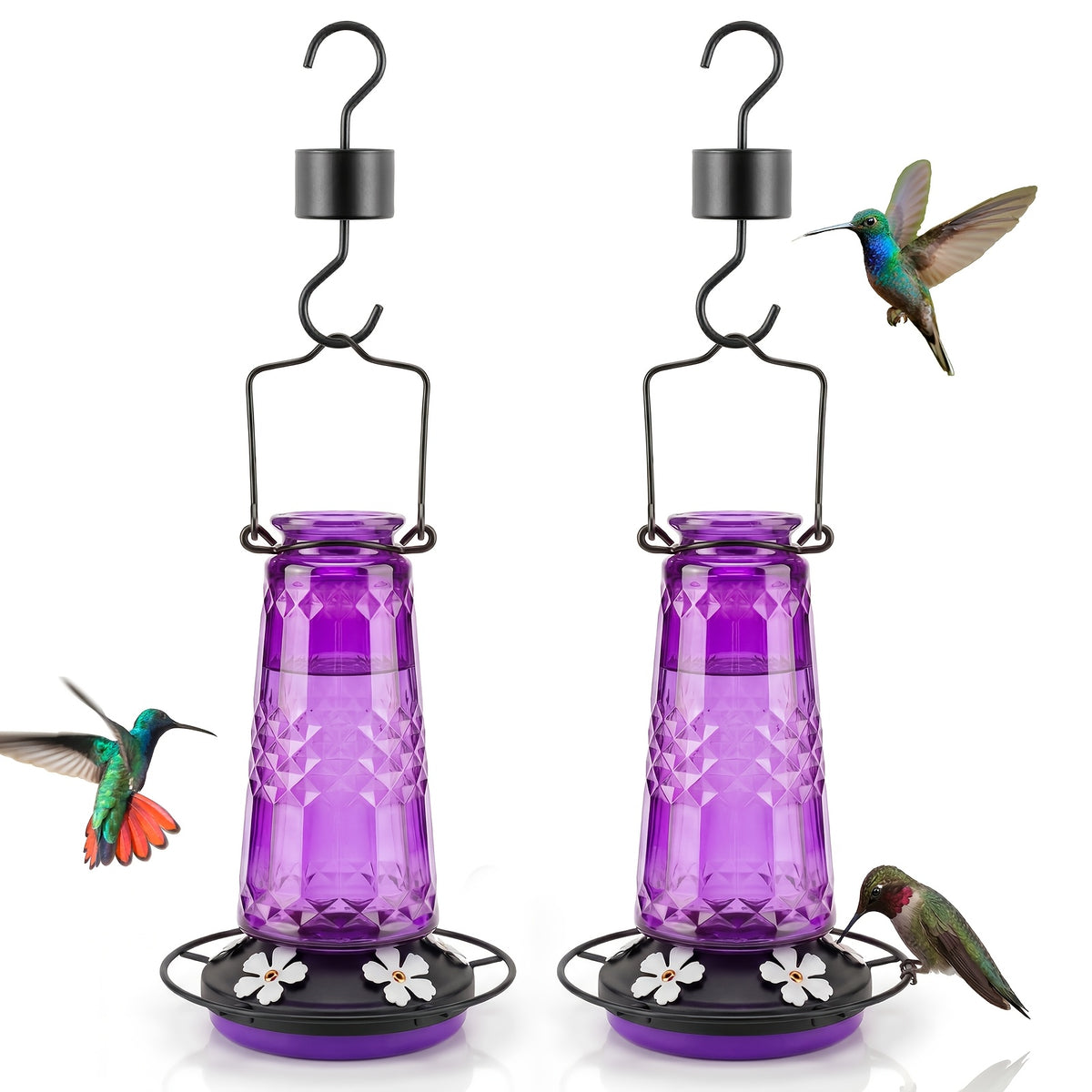 Glass Hummingbird Feeder 24oz by Kingsyard, Outdoor Hanging Nectar Feeder with 6 Feeding Ports and Ant Moat, Four Colors in Single or Two-Pack Options
