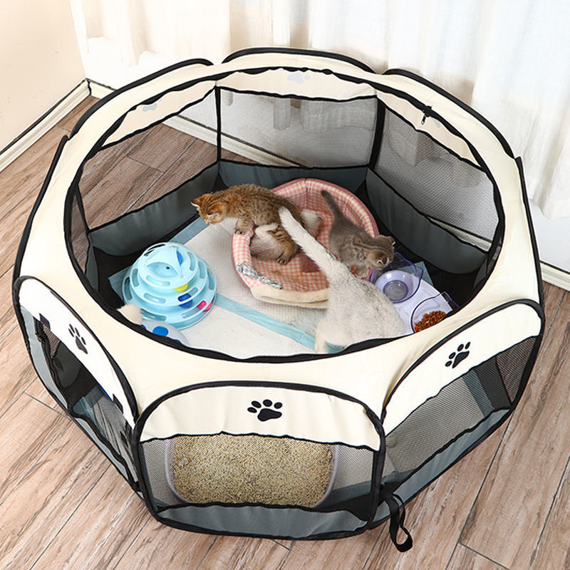 Mesh Pet Playpen for Cats and Puppies, Small 29 x 29 x 17 Inch Octagonal Enclosure with Paw Print Panels and Mesh Door, Seven Color Options