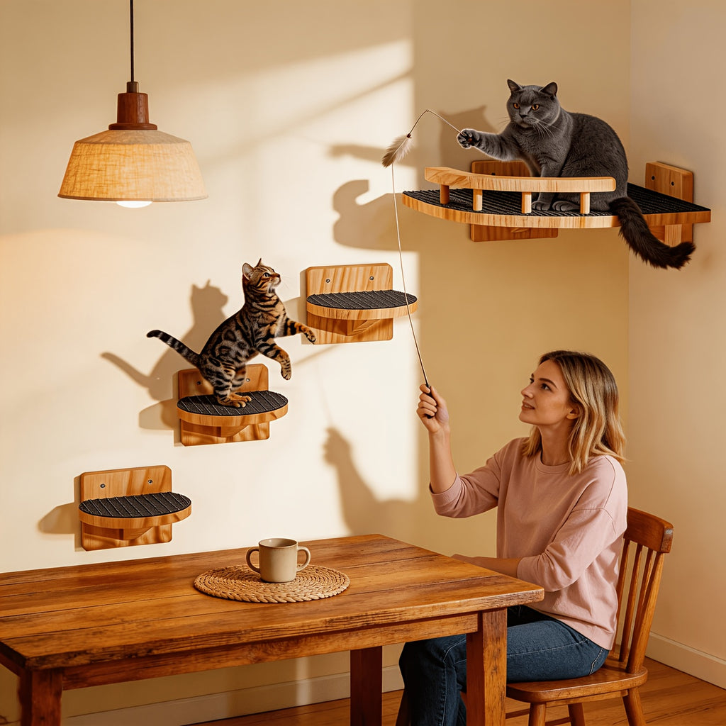 Pine Wood Cat Wall Shelves with Hammock or 4-Piece Set Options, Wall-Mounted Climbing and Resting Furniture for Indoor Cat Spaces