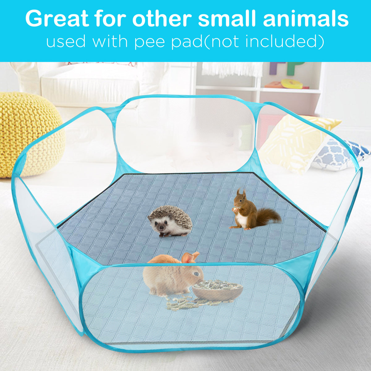 Pop Up Small Animal Playpen with Open Top Mesh Sides and Waterproof Bottom, Blue Foldable Exercise Pen for Supervised Hamster and Guinea Pig Play
