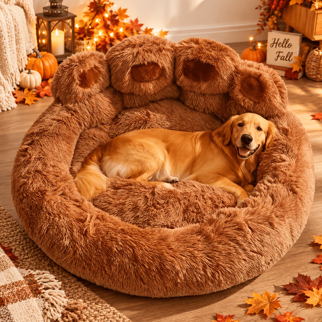 Plush Dog Bed with Bear Paw Shape, Soft Faux Fur Cat Sleeping Cushion with Non-Slip Bottom, Coffee Pink or Gray for Pets up to 30 lbs