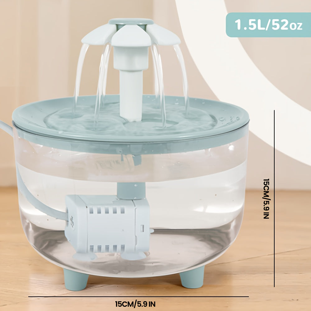 Flower Cat Water Fountain 50.72 oz, USB Powered Pet Drinking Dispenser with One Pump and Clear Top Tray for Indoor Cats and Small Pets