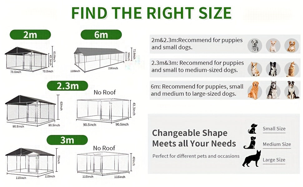 Galvanized Metal Dog Kennel with Canopy, Outdoor Steel Mesh Enclosure with Lockable Gate and PE Roof Cover, Three Backyard Dog Run Size Options