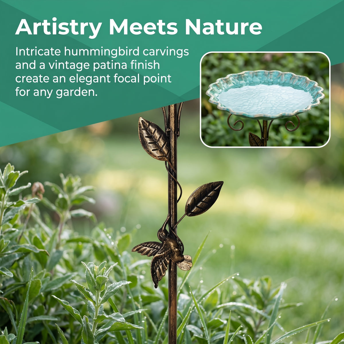 Metal Bird Bath with Bird and Leaf Decoration, 30-Inch Tall Outdoor Garden Water Basin for Yard and Patio Decor, Easy Installation and Cleaning