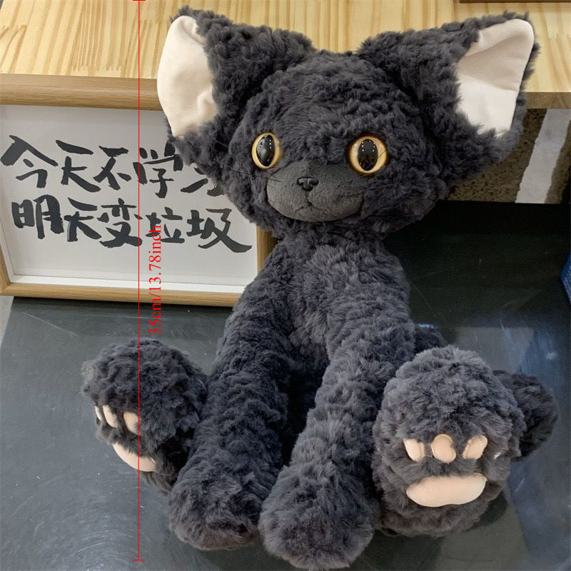 Soft Fur Cat Toy 13.78 Inch, Devon Rex Inspired Black Cat Character with Large-Eye Cartoon Design for Supervised Gentle Play and Pet Lover Gifts