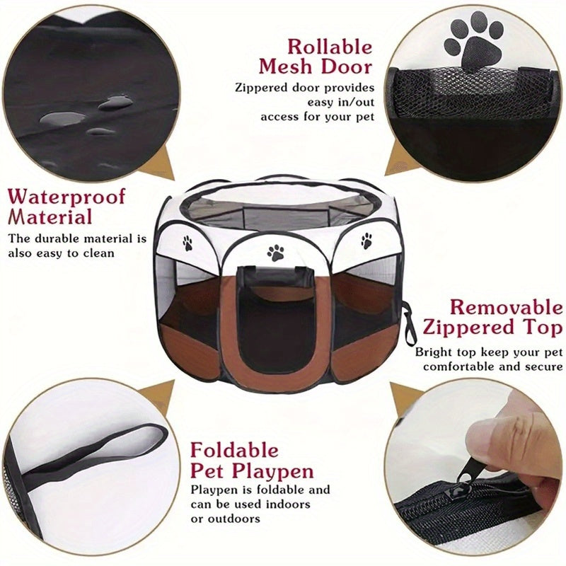 Soft-Sided Pet Playpen for Dogs and Cats, Foldable Octagonal Oxford Cloth Pen with Removable Mesh Top, Paw Print Panels and Three Size Options