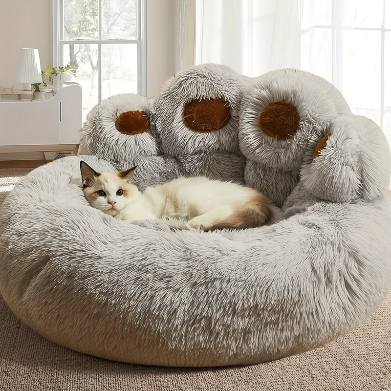 Dog Bed with Bear Paw Bolsters, Thick Plush Cat Sleeping Cushion with Non-Slip Bottom, Pink Grey or Coffee in 60cm, 70cm and 100cm Sizes