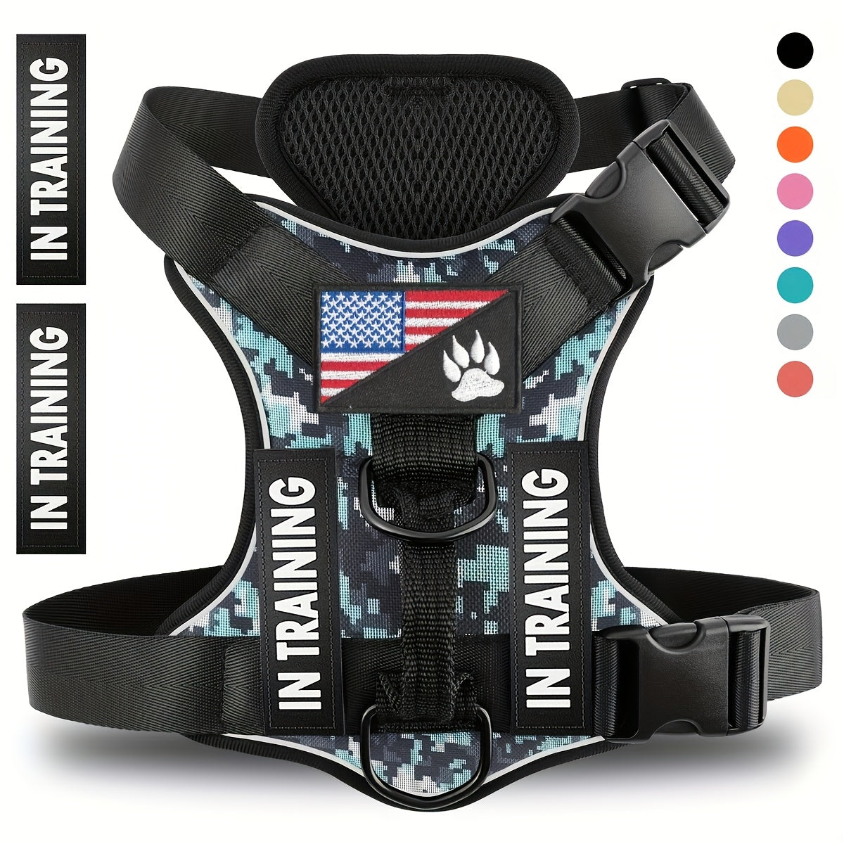 Dog Harness with Patches Set, Adjustable Reflective Mesh-Lined Vest with Control Handle and 5 Patches, XS-XL for Daily Walking, Running and Training
