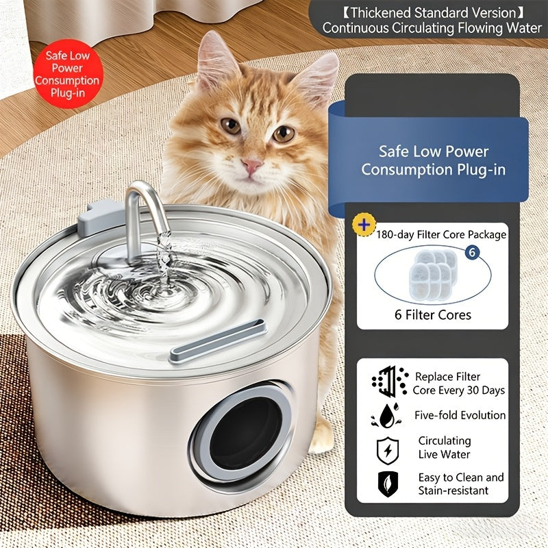 Dog Water Fountain 74oz 2.2L, Quiet 304 Stainless Steel Pet Drinking Dispenser with Large Water Level Window, Easy-Clean Design and Filter Bundle Options
