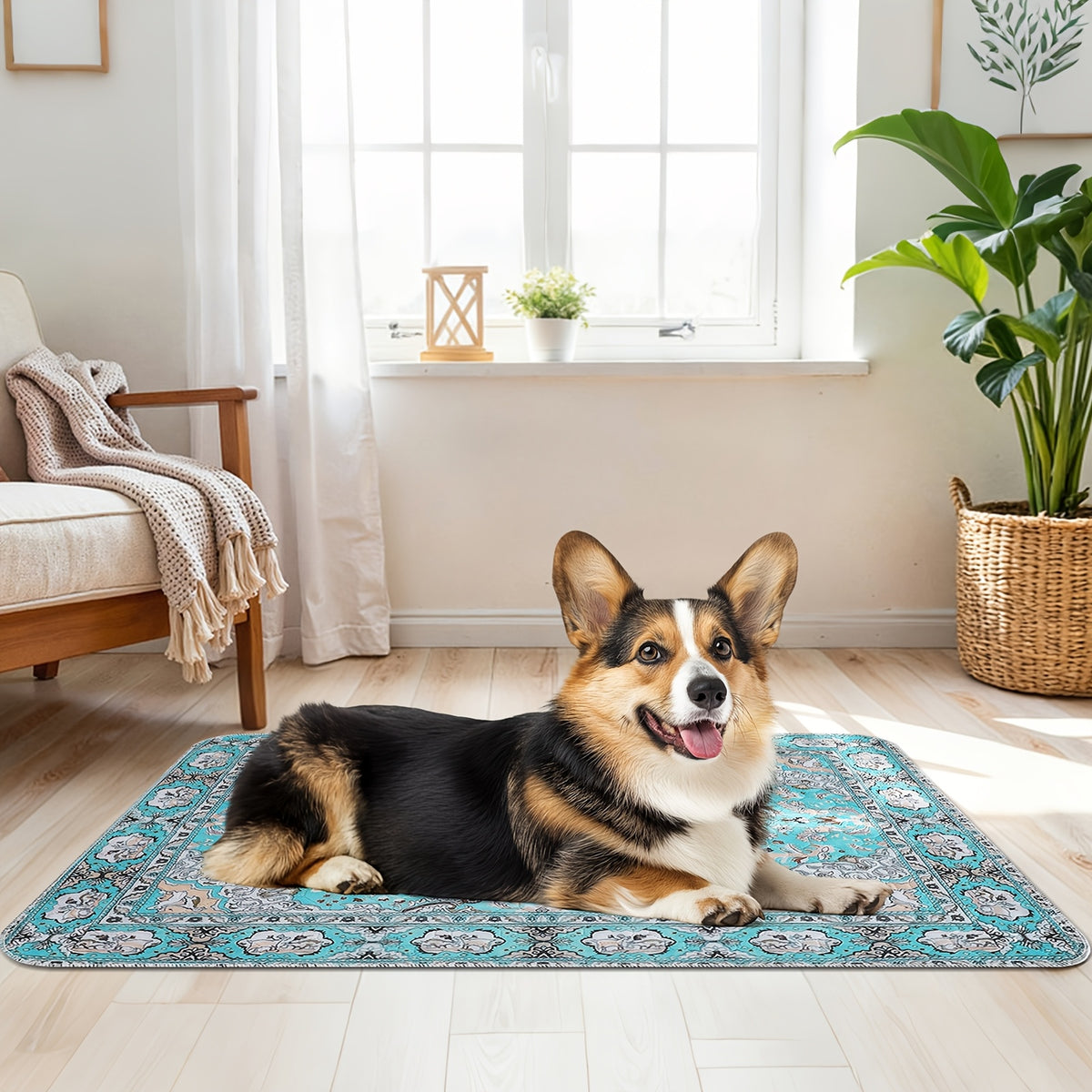 Washable Dog Pee Pads with Teal Medallion Print, 2 Pack Reusable Non-Slip Puppy Potty Training Mats for Floors, Crates and Couch Protection