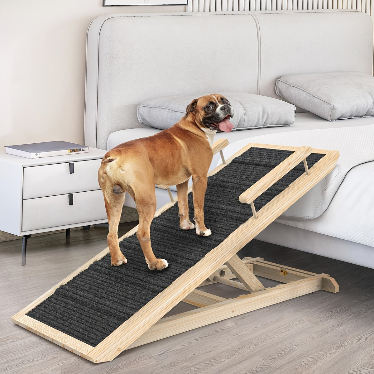 Dog Ramp for Bed and Sofa, Folding Wooden Pet Ramp with Adjustable Height and Side Guards, 40, 44 or 55 Inch Length Options for Furniture Access