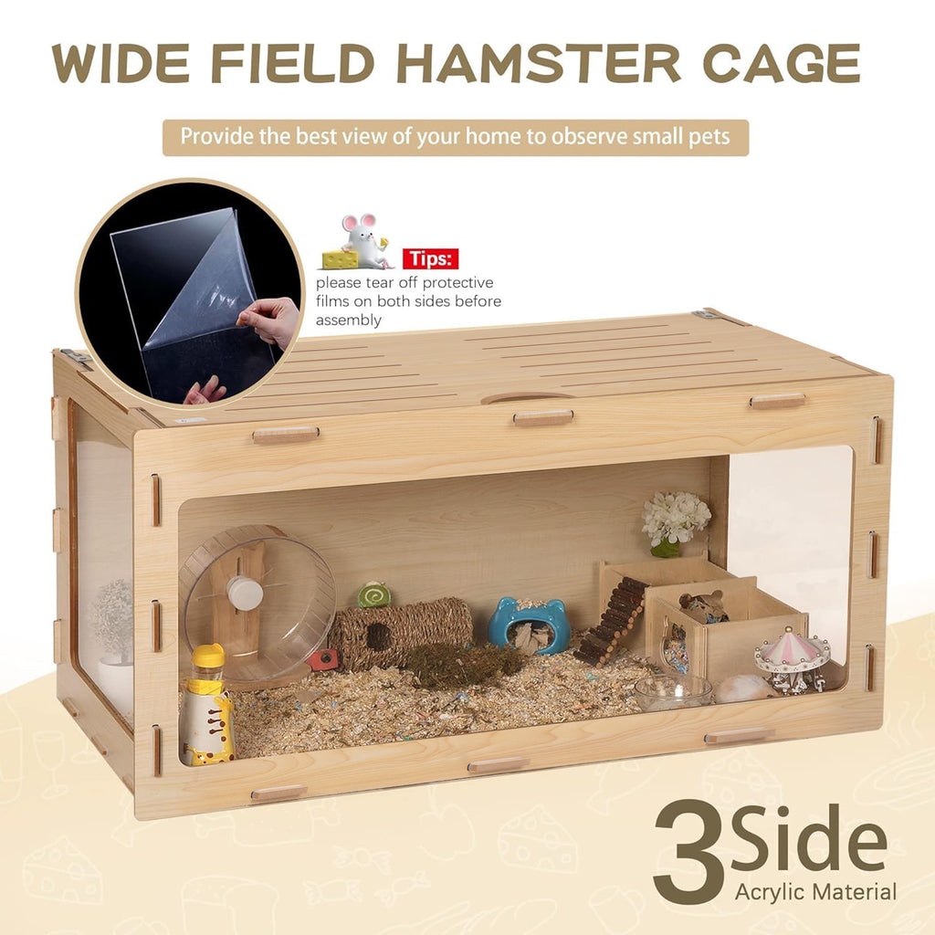 Hamster Habitat Wooden Cage with Clear Acrylic Front, Openable Top and Side Locks, 31.5-Inch Small Pet Enclosure in Natural or Burlywood