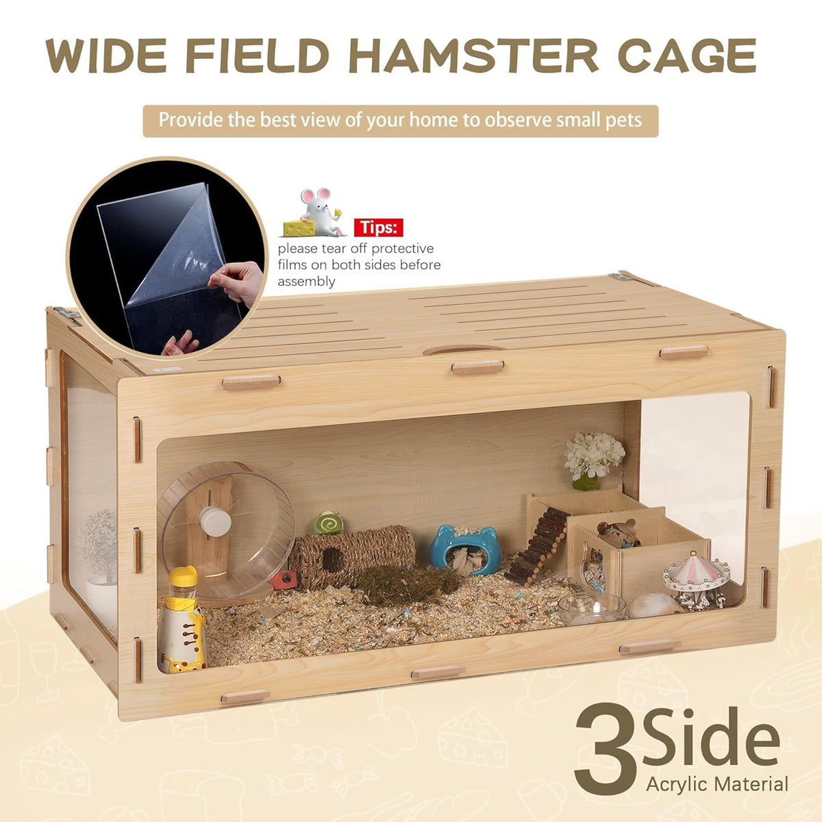 Hamster Habitat Wooden Cage with Clear Acrylic Front, Openable Top and Side Locks, 31.5-Inch Small Pet Enclosure in Natural or Burlywood