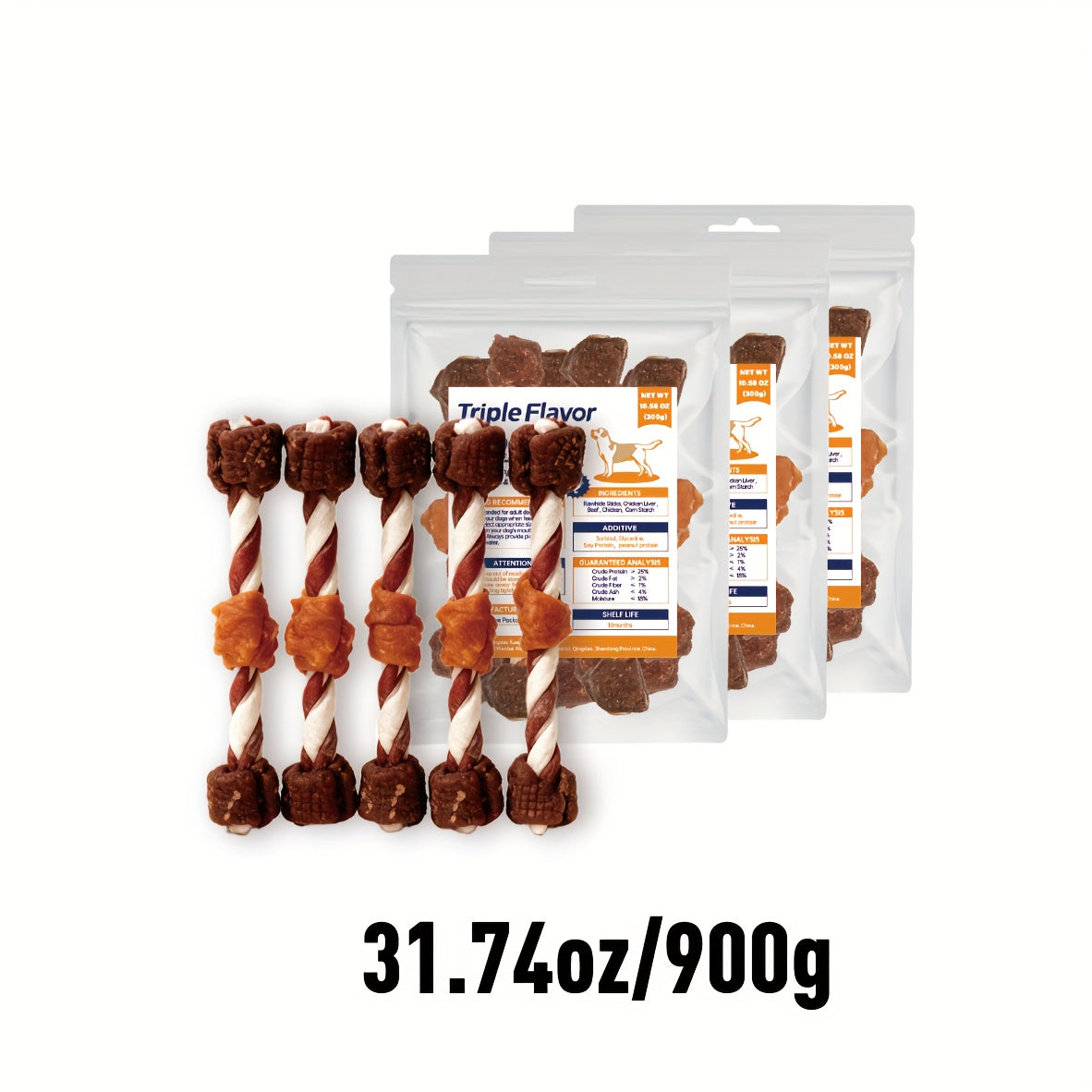 Dog Chew Kabobs with Chicken, Beef and Liver, Triple Flavor Dog Treats for Supervised Snack Time in 100g, 300g, 600g and 900g Packs