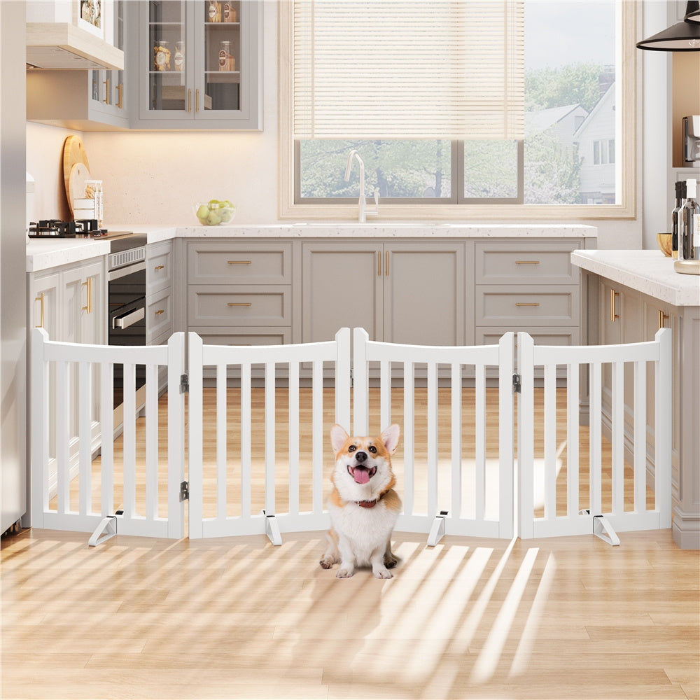 Freestanding Folding Dog Gate in White, 24 Inch Tall MDF Pet Barrier with Door and Two Support Feet for Small Dogs, Indoor Doorways and Hallways