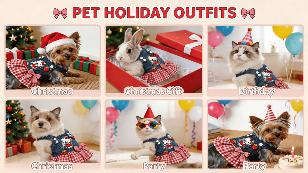 Denim Plaid Dog Dress for Small Dogs and Cats, Red Checkered Bow and Strawberry Appliques, Pleated Pet Party Outfit in XS to XL