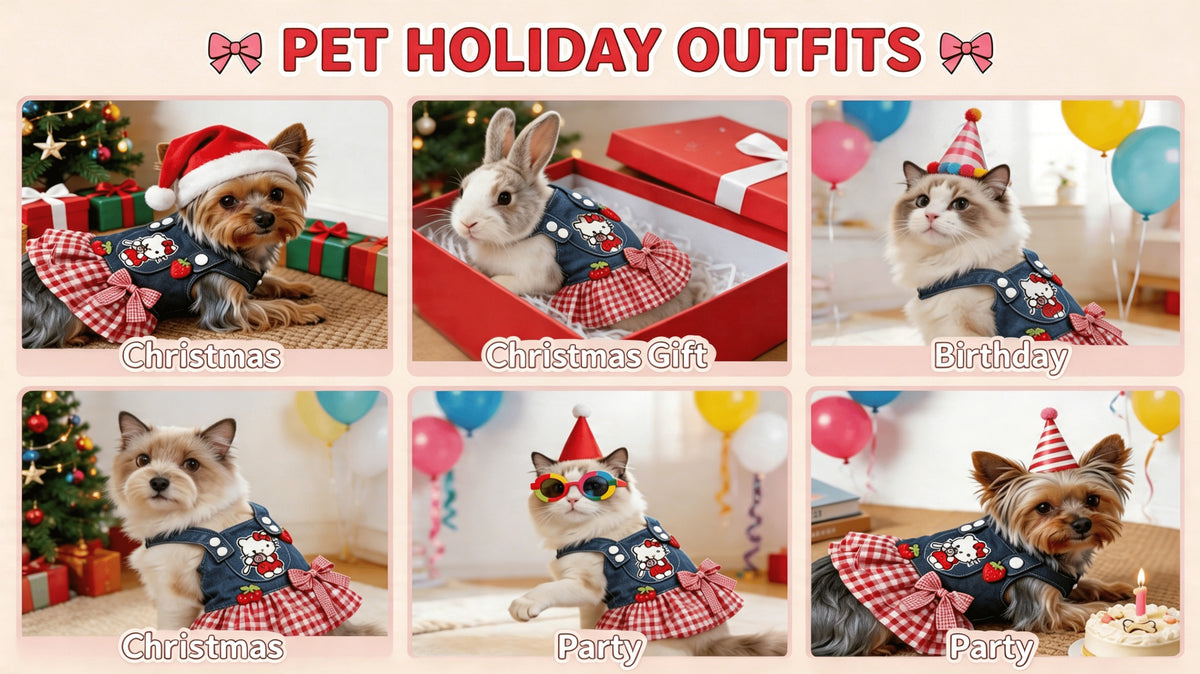 Denim Plaid Dog Dress for Small Dogs and Cats, Red Checkered Bow and Strawberry Appliques, Pleated Pet Party Outfit in XS to XL