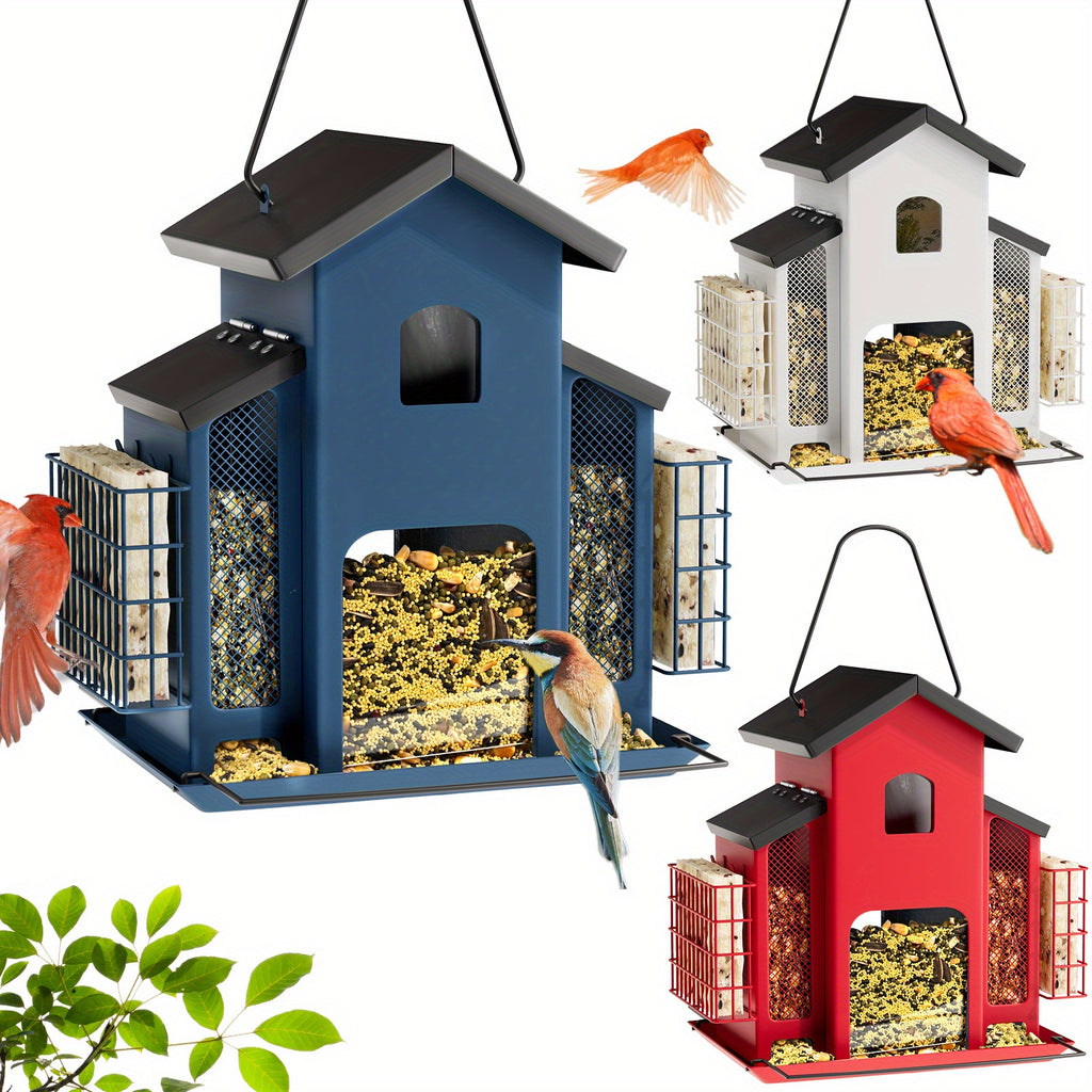 Hanging Metal Bird Feeder with Mesh Seed Compartments and Side Food Cages, House-Shaped Outdoor Feeding Station in Blue, Red or White for Backyard Birdwatching