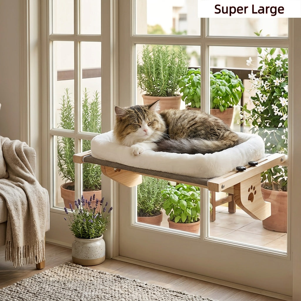 Adjustable Cat Window Hammock with Wooden Paw-Cutout Supports, Soft Hanging Cat Bed for Compatible Windowsills and Indoor Sunbathing