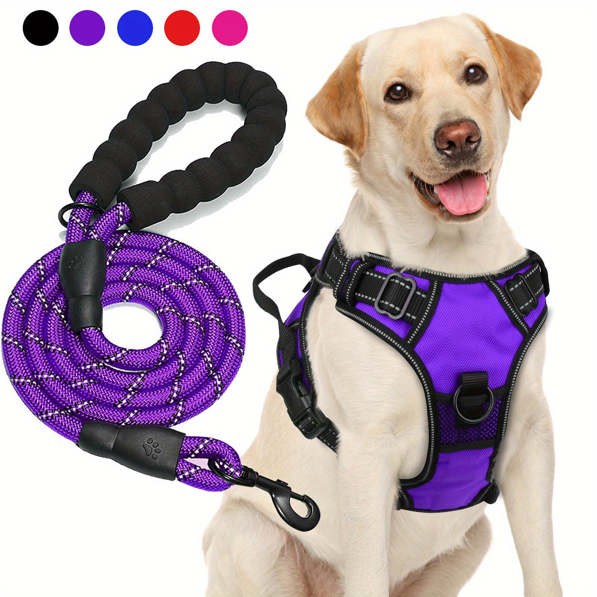 Oxford Dog Harness and Rope Leash Set, Adjustable Reflective Mesh-Padded Walking Vest with Four Fit Points and 5-Foot Padded-Handle Lead, S to XL