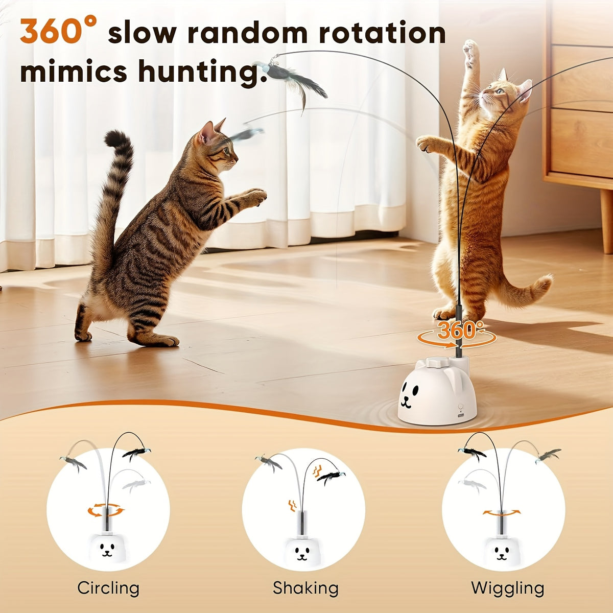 Automatic Bird Cat Toy with Rotating Feather Wand, USB Rechargeable Suction Cup Teaser with Touch Wake-Up for Supervised Indoor Play, White or Black