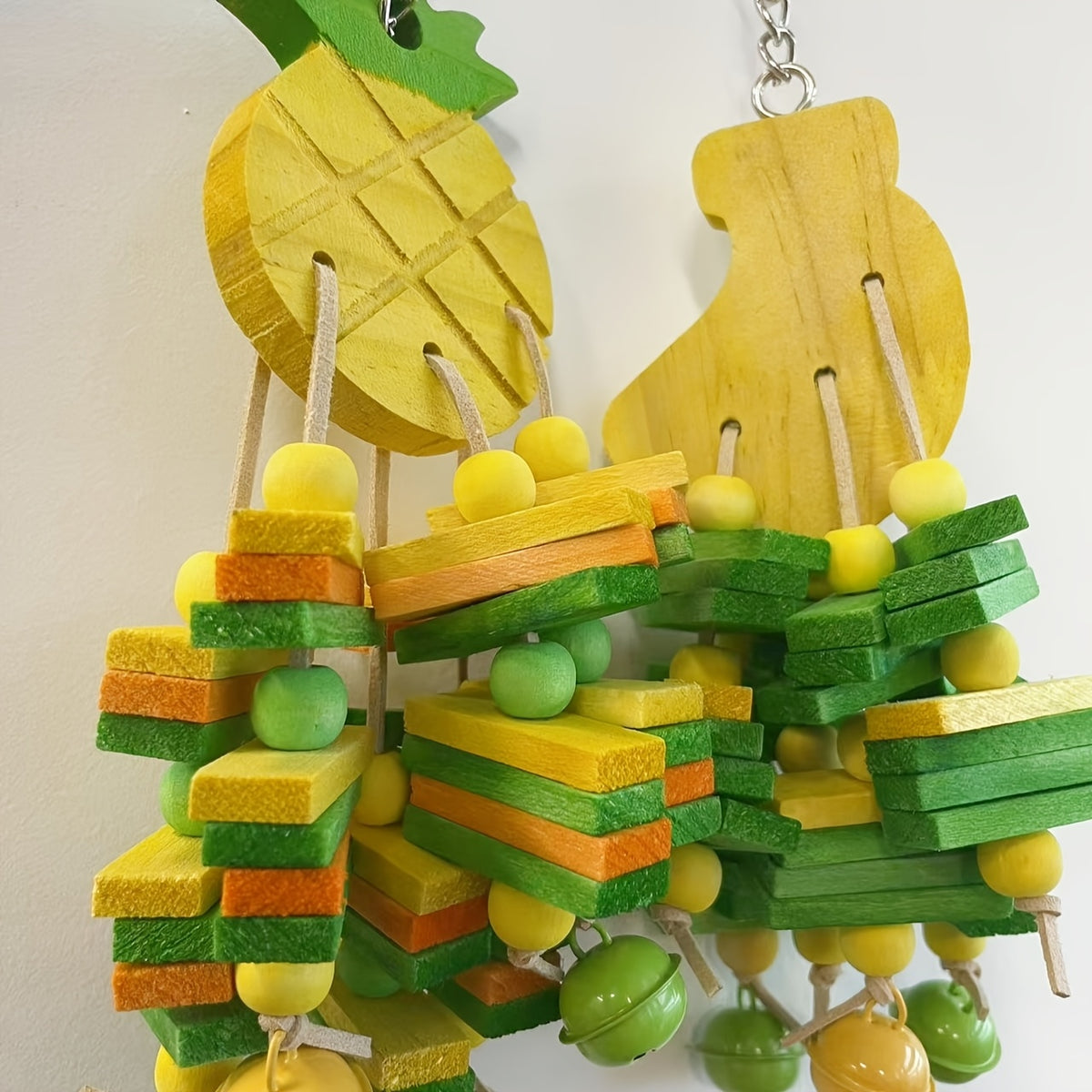 Fruit Shaped Bird Chew Toy Set with Pineapple and Banana Designs, Colorful Wooden Blocks, Beads and Bells for Supervised Parrot Cage Enrichment