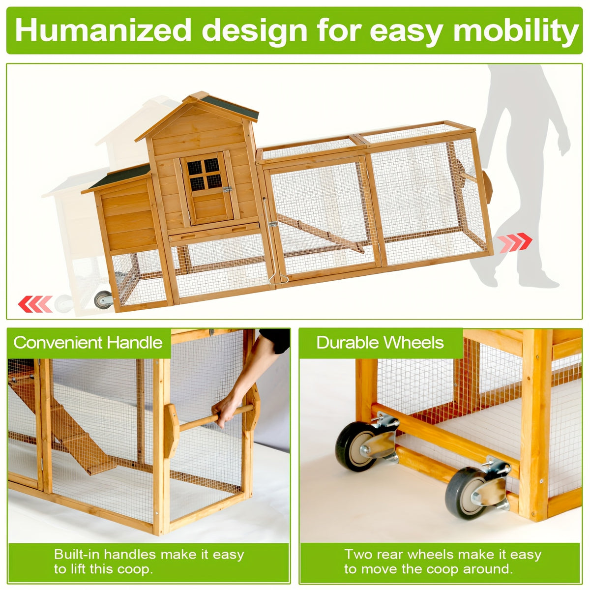Wooden Chicken Coop with Run and Nesting Box, Raised Backyard Hen House with Access Ramp, Removable Cleaning Tray and Optional Wheeled Models