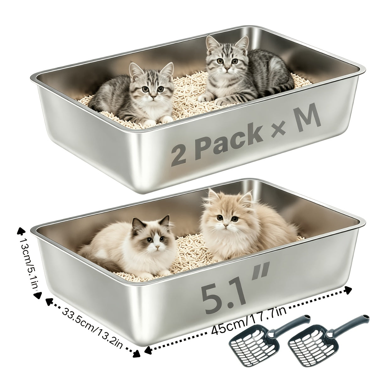 Stainless Steel Cat Litter Box Twin Set, 2-Pack Easy-Clean Metal Litter Pans with 2 Scoops and Non-Slip Bottom Pads, Three Size Options