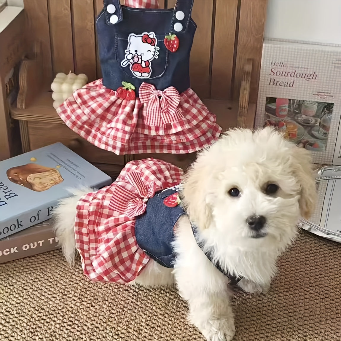 Denim Plaid Dog Dress for Small Dogs and Cats, Red Checkered Bow and Strawberry Appliques, Pleated Pet Party Outfit in XS to XL
