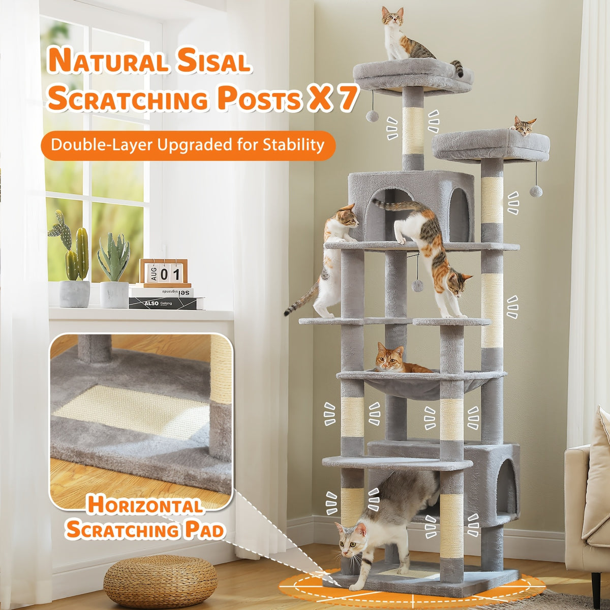 Cat Tree with Eight Levels, 72 Inch Indoor Cat Tower with Spacious Condo, Sisal Scratching Posts, Padded Perches and Basket for Rest and Play