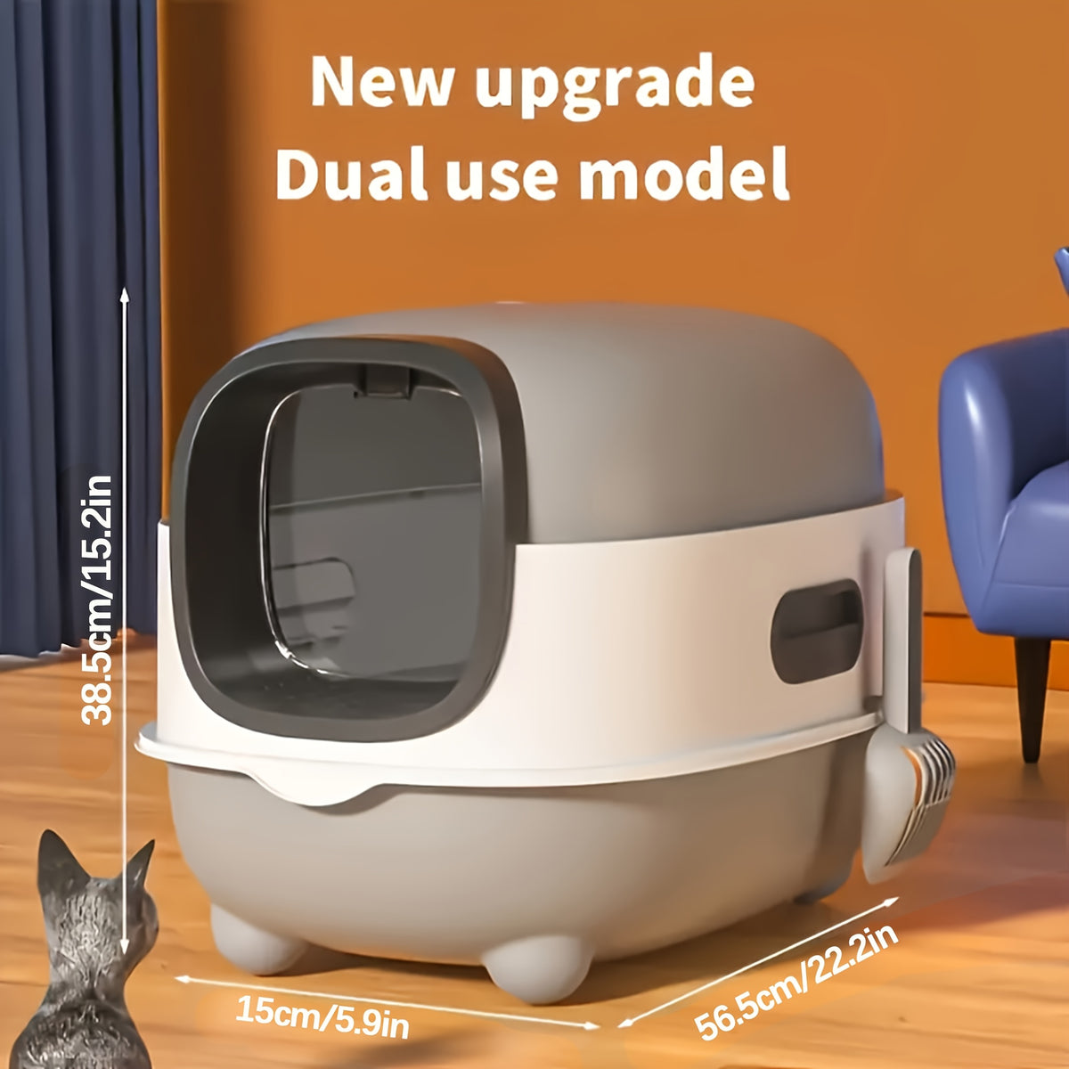 Cat Litter Box with Full Cover and Scoop, Spill-Reducing Enclosed Kitty Toilet in Gray or Blue for Indoor Potty Routines and Easy Daily Cleanup