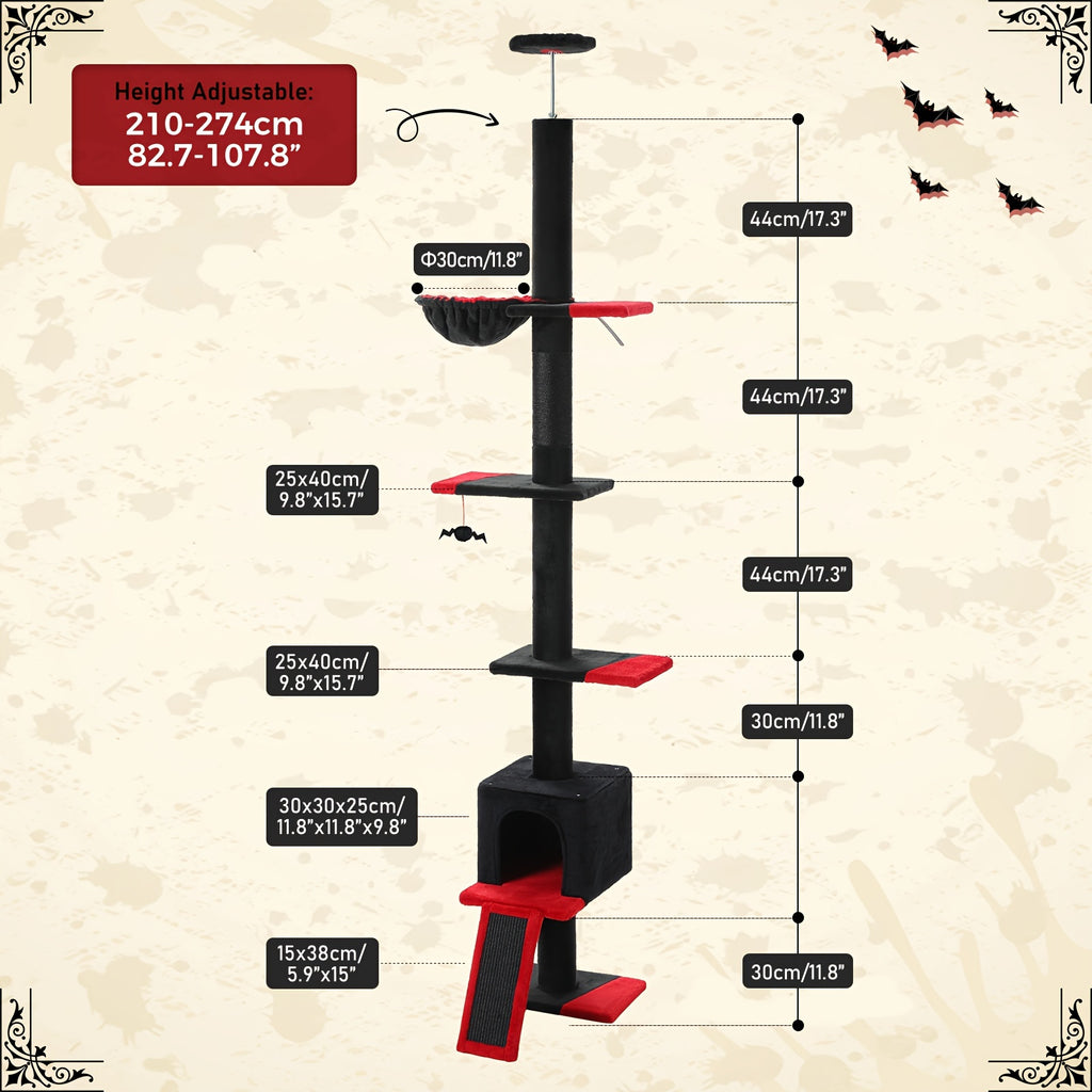 5-Tier Floor to Ceiling Cat Tree, 83–108 Inch Adjustable Indoor Cat Tower with Condo, Hammock, Scratching Post and Ladder in Seven Color Options