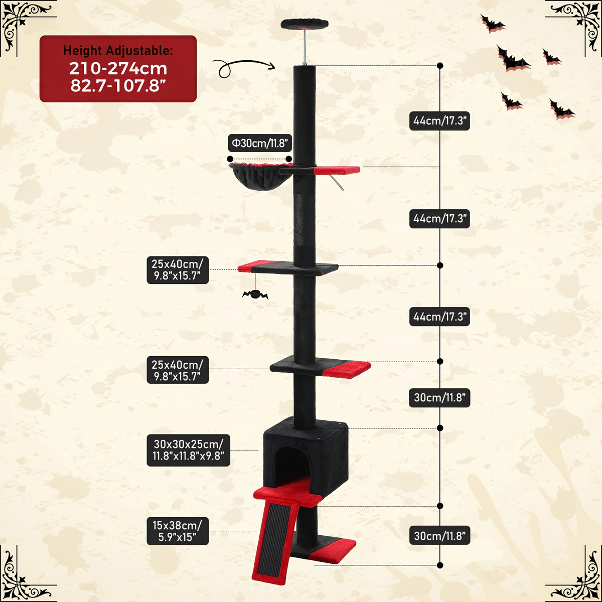 5-Tier Floor to Ceiling Cat Tree, 83–108 Inch Adjustable Indoor Cat Tower with Condo, Hammock, Scratching Post and Ladder in Seven Color Options