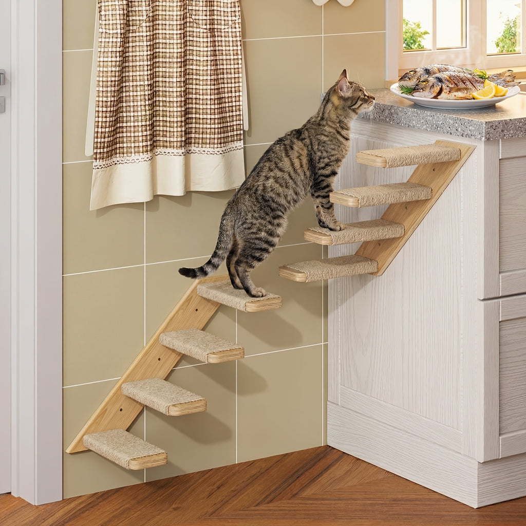 Wall Mounted Cat Steps and Hammock, 2 or 3 Piece Wooden Cat Wall Furniture with Felt Padding for Indoor Climbing, Scratching and Resting