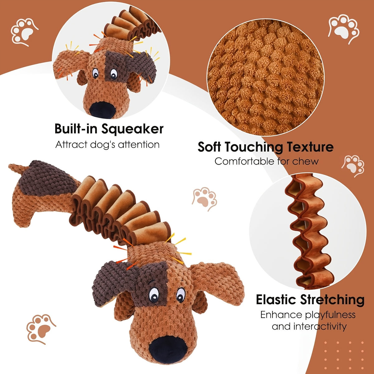 Crinkle Plush Dog Toy with Accordion Body, Spring Dog or Spring Cow Stuffed Pull Toy for Supervised Gentle Tug, Fetch and Interactive Pet Play
