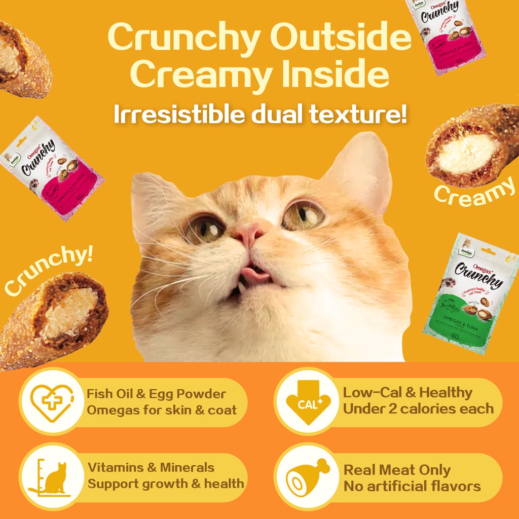 Crunchy Cat Treats with Soft Centers and Added Fish Oil, Three-Flavor Cat Biscuit Snack Pack, 60g x 3 Bags for Everyday Rewards and Treat Time