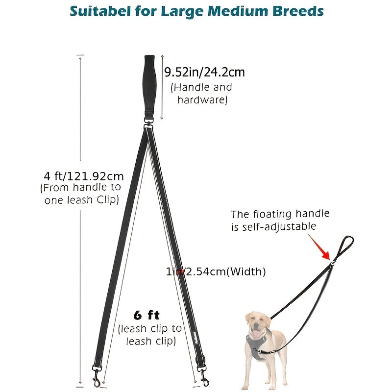 Reflective Double Dog Leash for Medium and Large Dogs, No-Pull Training Walking Lead for Daily Neighborhood Walks and Outdoor Routines